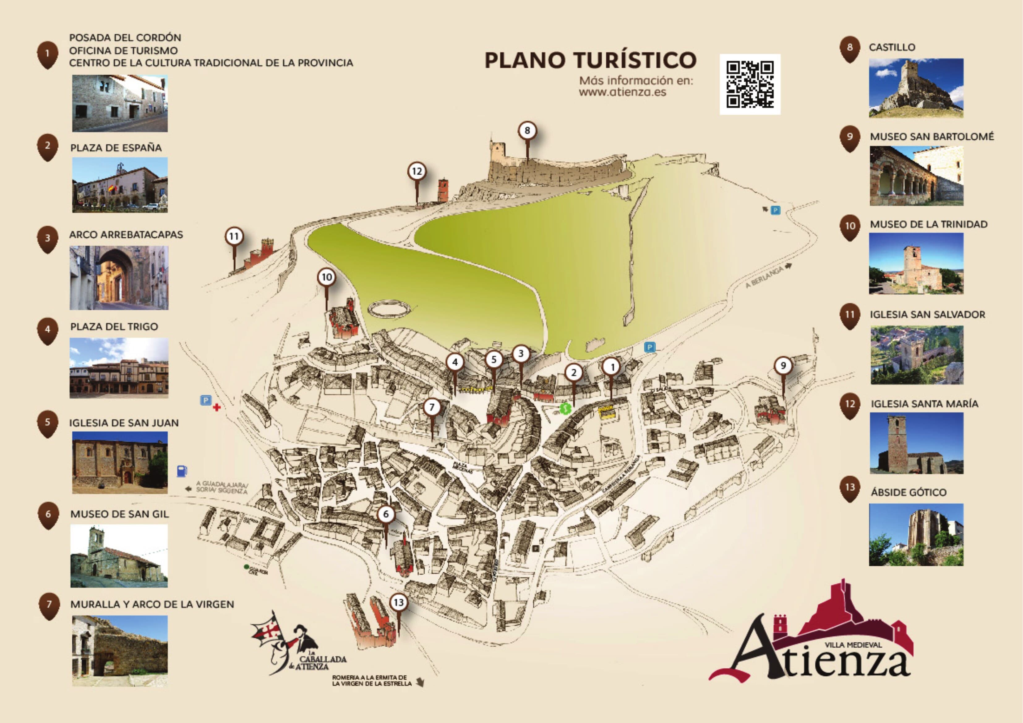 Plano turístico ilustrado de Atienza con los 13 hitos del casco histórico, editado por la Oficina de Turismo
